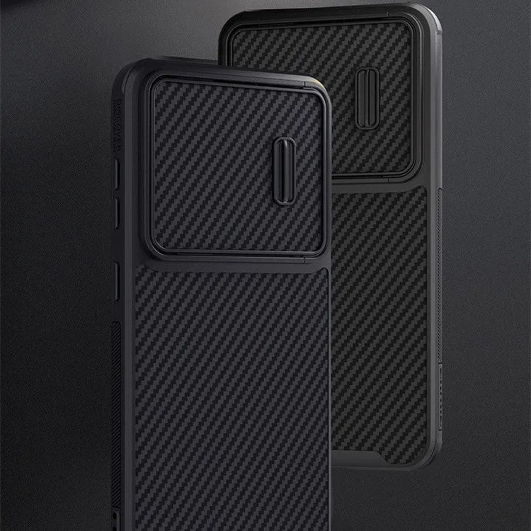 Black Samsung S23 Ultra mobile phone case with a built-in camera lens cover.