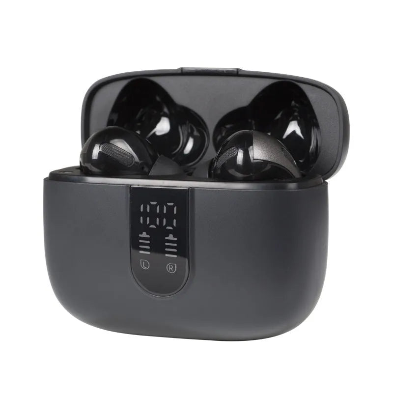 Jerry X08 wireless in-ear Bluetooth headphones with a digital display and a matching charging case.