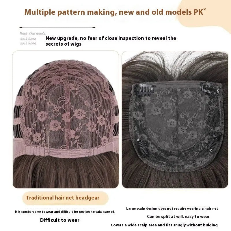 Black long straight high-layered wear-free hair net wig on display stand