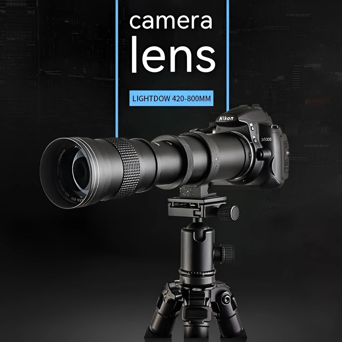 420-800mm manual telephoto zoom camera lens with T-mount adapter ring on a table