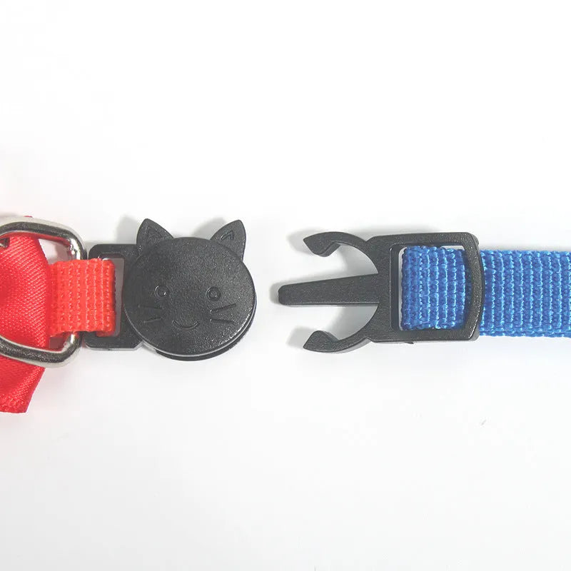 Adjustable cat bow collar with bell in striped nylon, multiple colour options shown