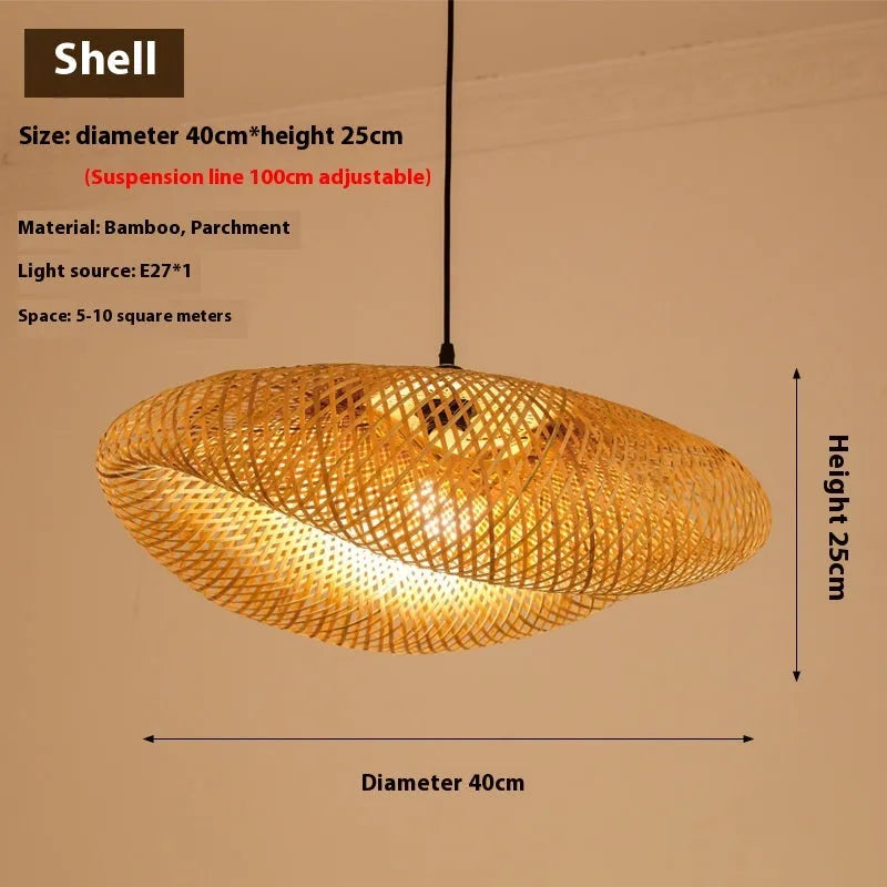 Bamboo chandelier with Chinese zen design and 40cm diameter shell for tea room lighting