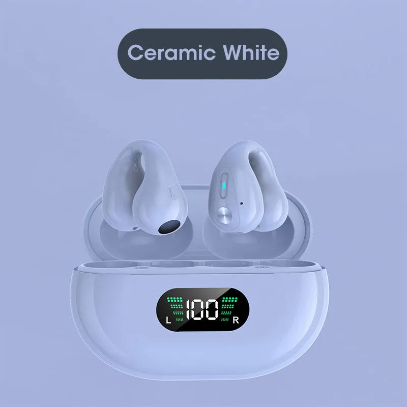Bone conduction Bluetooth headset with clip design in black, white, or khaki colour options