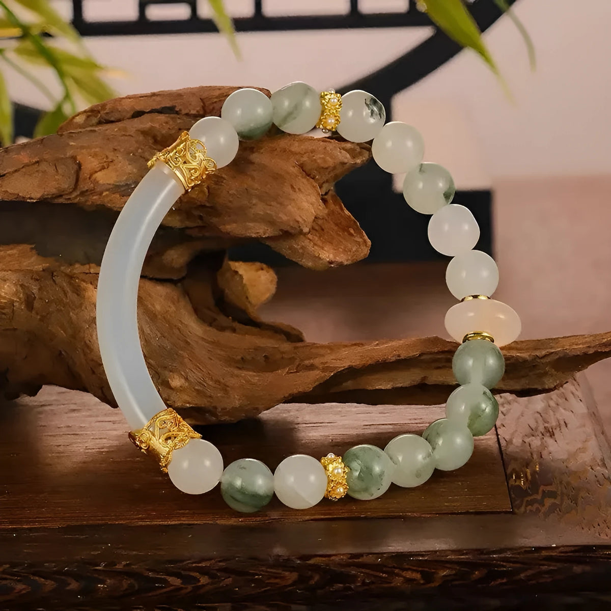 Emerald green Tian Shan Cui jade half bracelet with round beads and traditional national style design