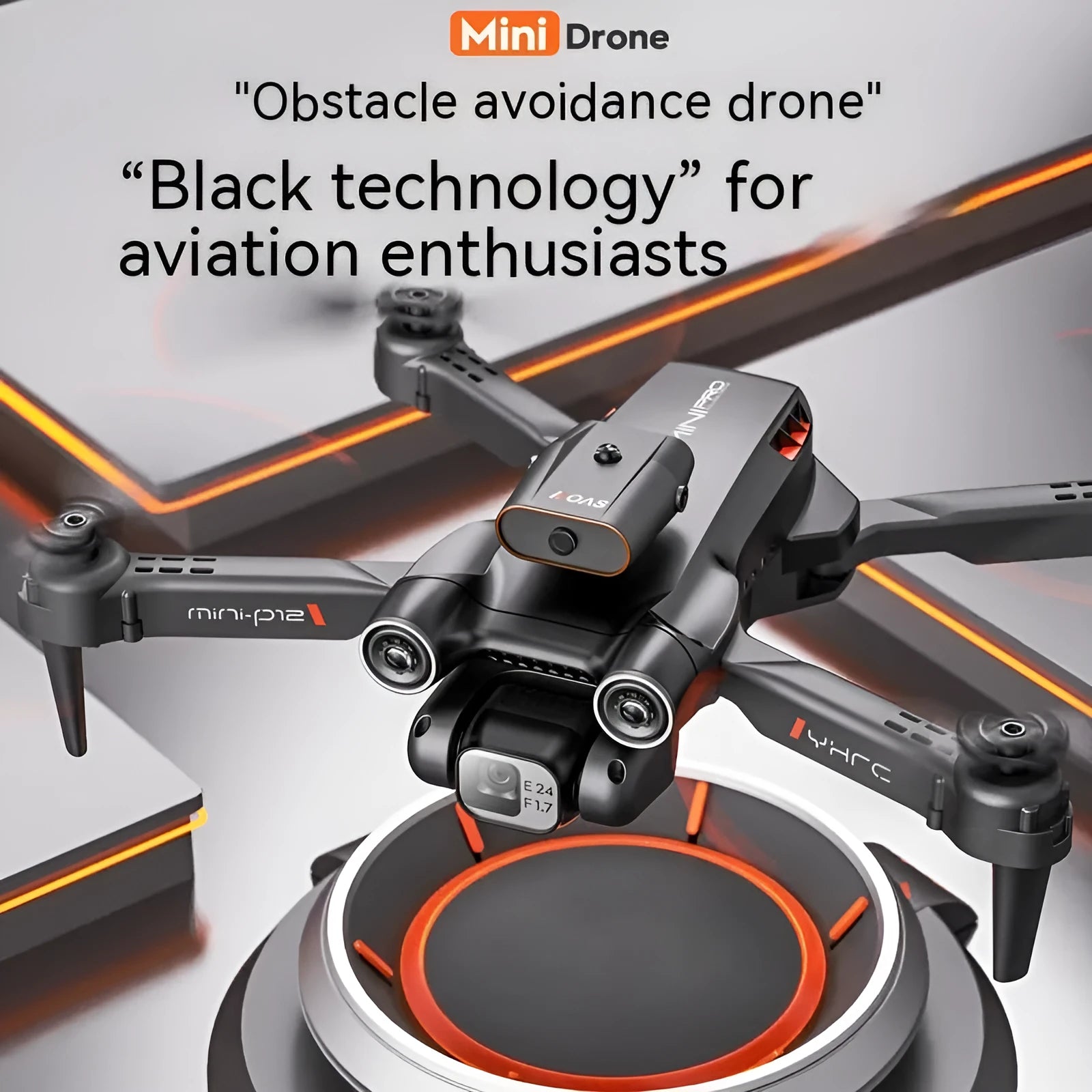 Black and orange remote-controlled quadcopter drone with camera mounted and folding arms