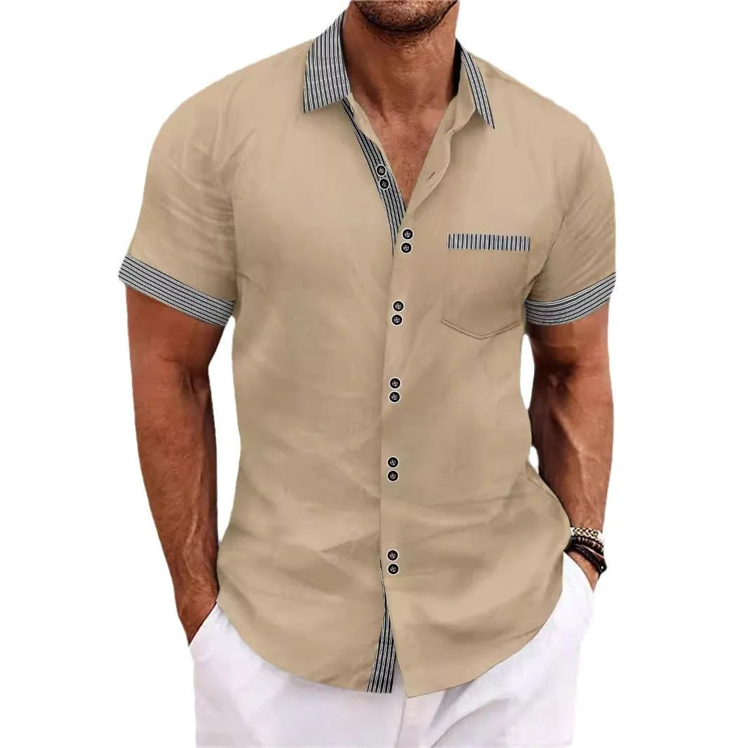 Men's slim fit striped casual shirt in pure cotton with short sleeves and double button front.