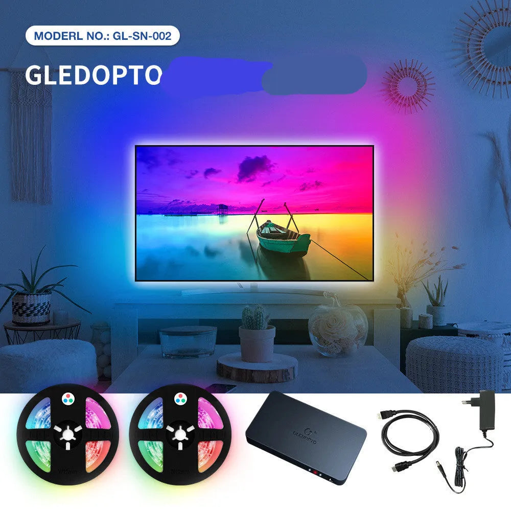 HDMI LED sync box for computer TV display with 4K pass-through and RGB lighting control