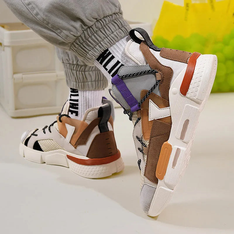 Men's high-top board shoe with flyknit mesh upper, front lace-up and flat heel, shown in Moonlight, brown or beige purple
