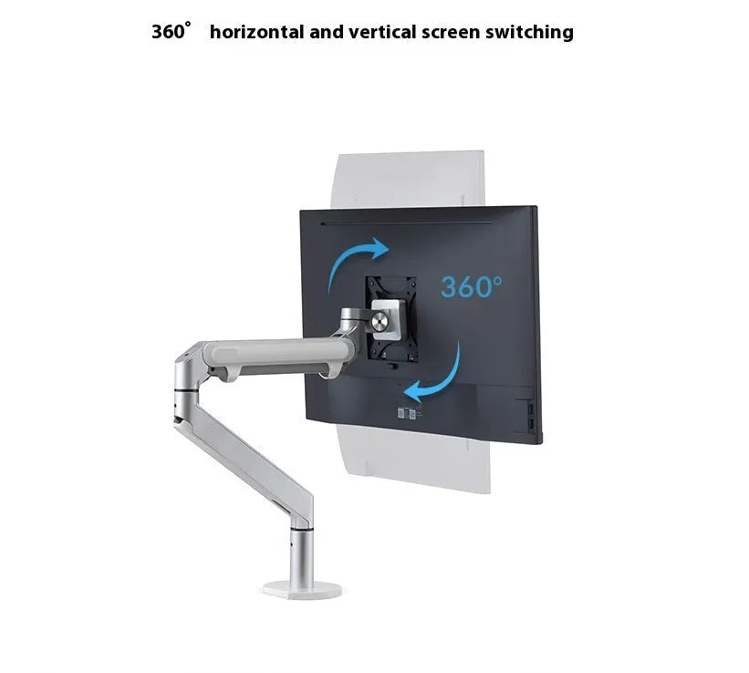 Silver aluminium laptop stand with adjustable air pressure arm bracket elevating a laptop