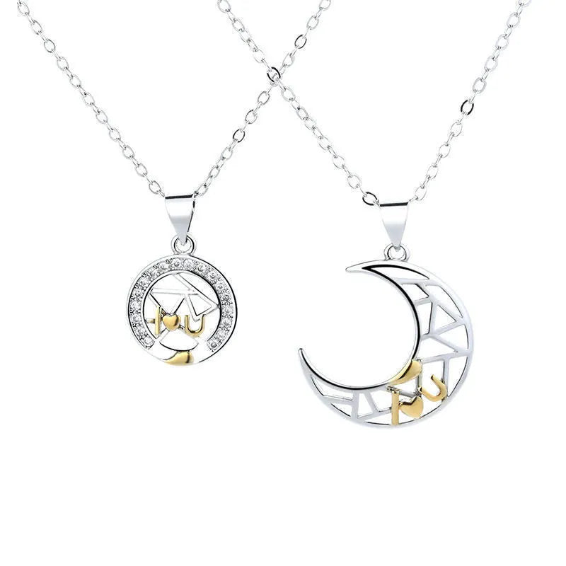 Sun Moon Tooth couple necklace set showing male and female copper pendants on cross chains