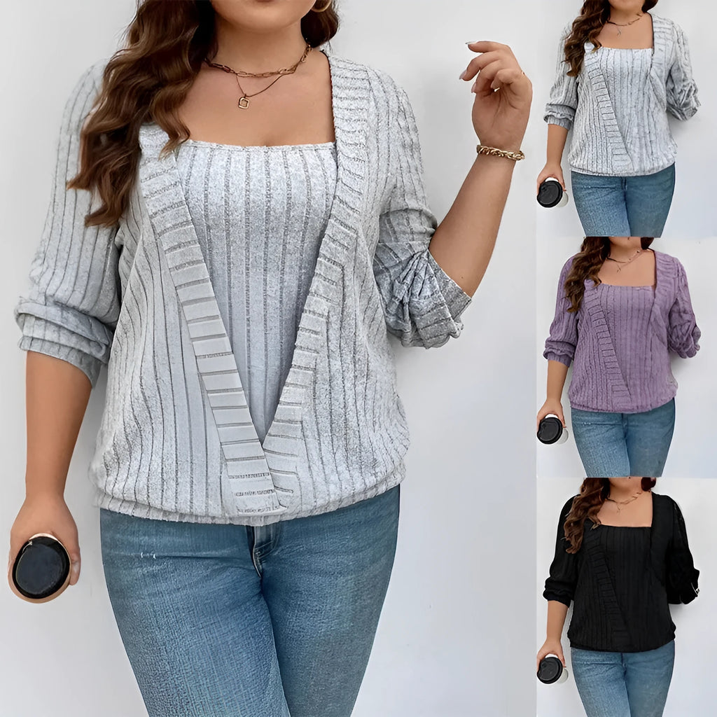 Solid colour rib fabric V-neck false two-piece suit with long sleeves