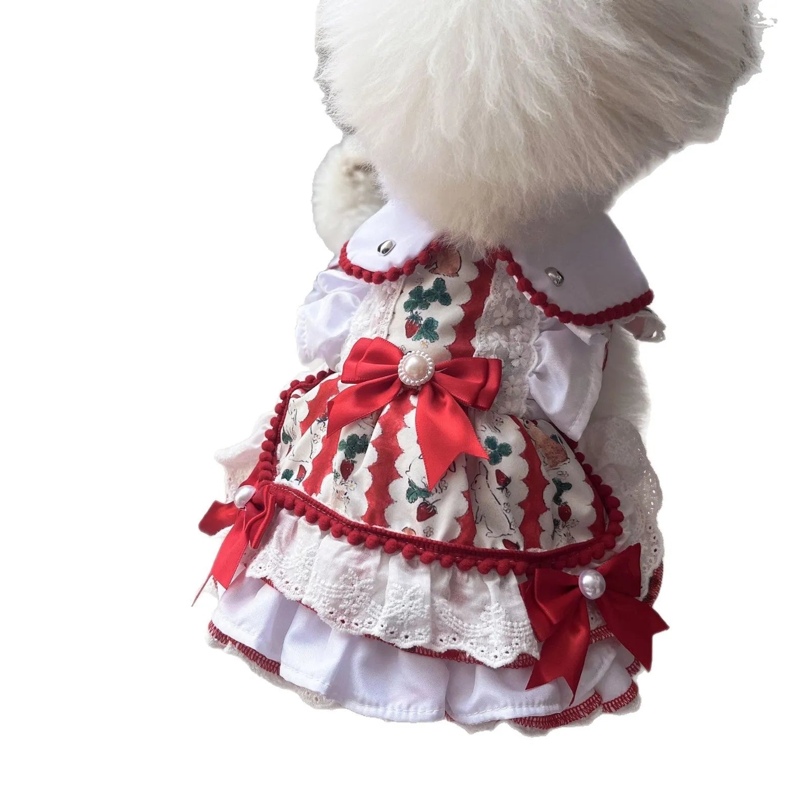 Princess-style rabbit skirt dog dress on a small dog, showing lightweight polyester construction.