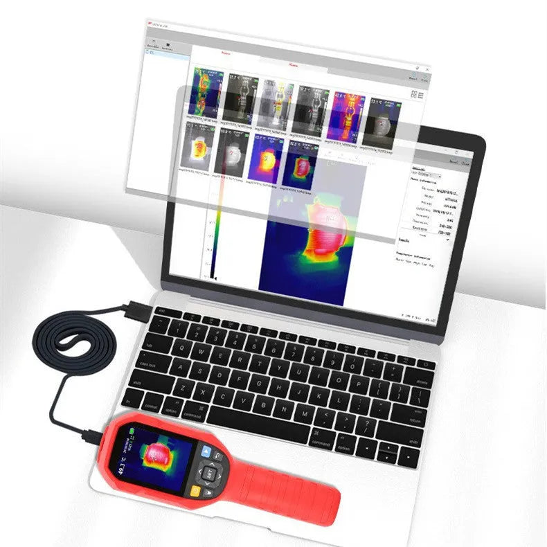UTi series handheld infrared thermal imaging camera with display screen showing a thermal image.