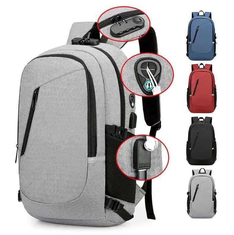 Oxford cloth computer backpack in blue, showing front view with dimensions 50cm high by 19cm wide.