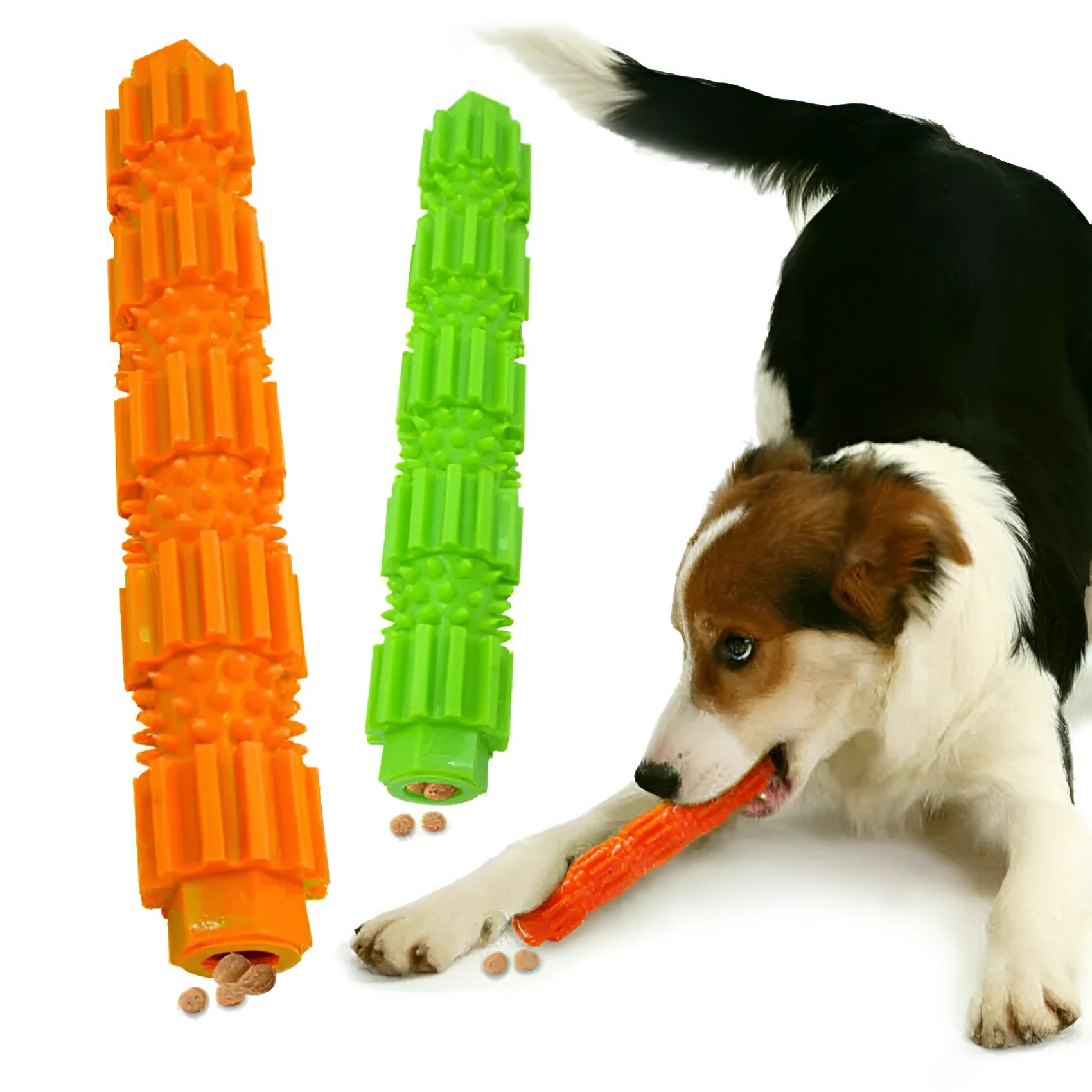 Green natural rubber dog chew toy with textured surface and treat holes for aggressive chewers