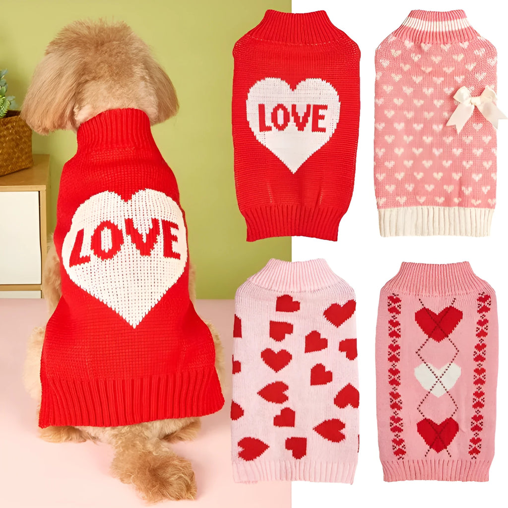 Red dog sweater with a white love heart pattern on the back, sized for a small dog.