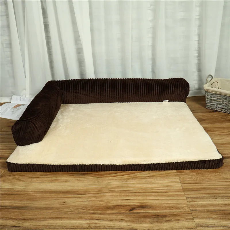 Corduroy pet sofa dog bed with bolster in grey colour, showing non-slip base and high-density sponge padding