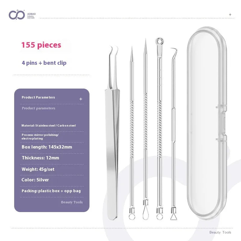 Four silver metal acne needles with fine points held together by a metal clip.