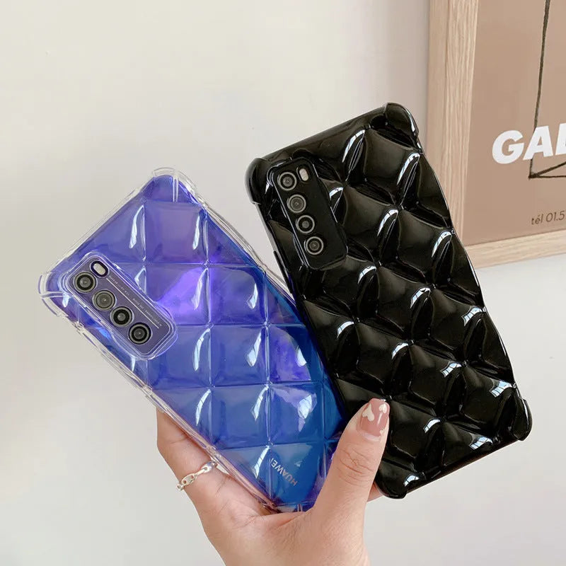 A solid colour silicone back cover case for a Huawei mobile phone, shown in black, green, pink, and white colour options.