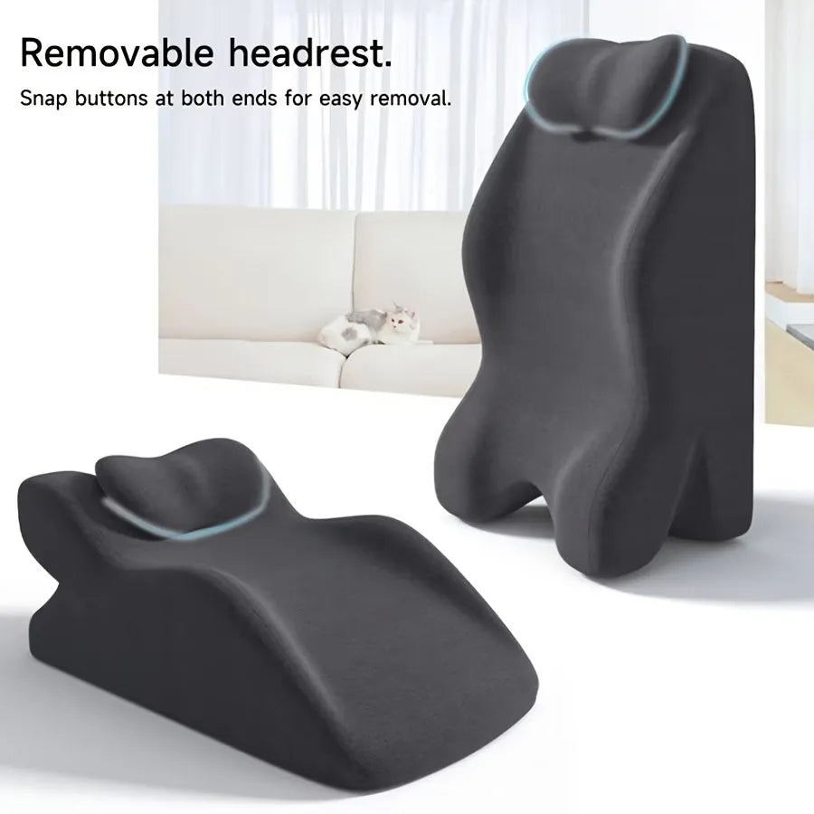 Stomach sleeper pillow with a centre hole, shown in blue, dark grey, green, and light grey colour options.