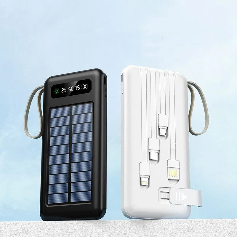 Solar power bank portable charger in black or white with built-in solar panel and high 20000mAh or 30000mAh capacity