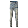 Light blue men's slim-fit distressed jeans with hand-frayed details on a mid waist and straight leg.