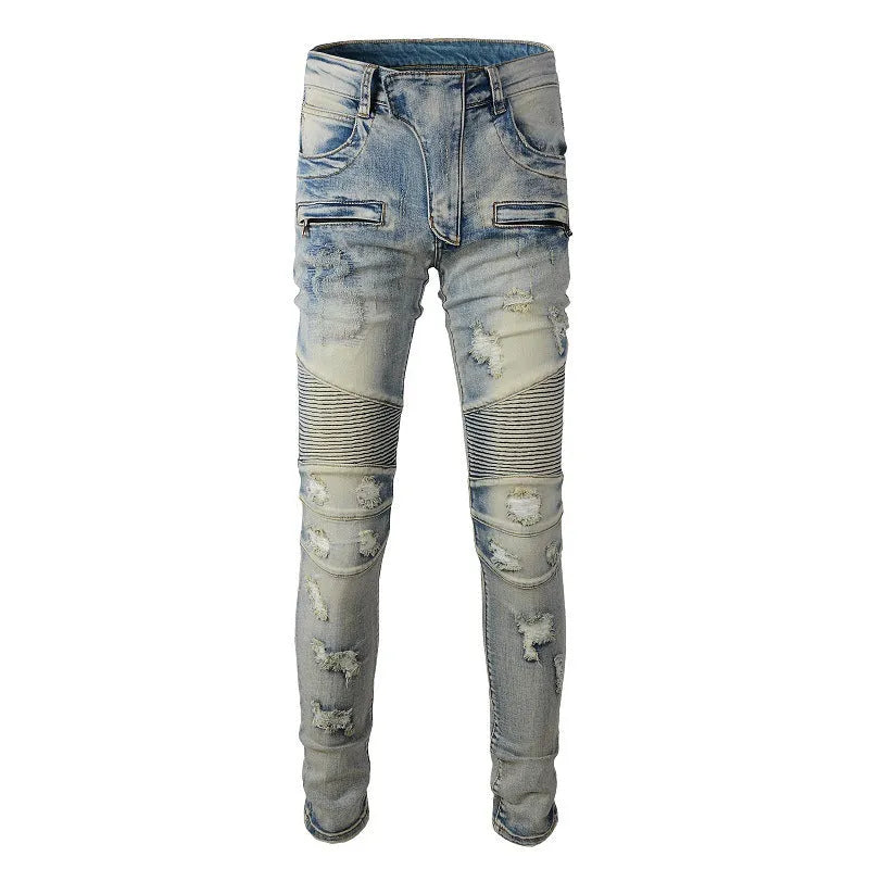 Light blue men's slim-fit distressed jeans with hand-frayed details on a mid waist and straight leg.