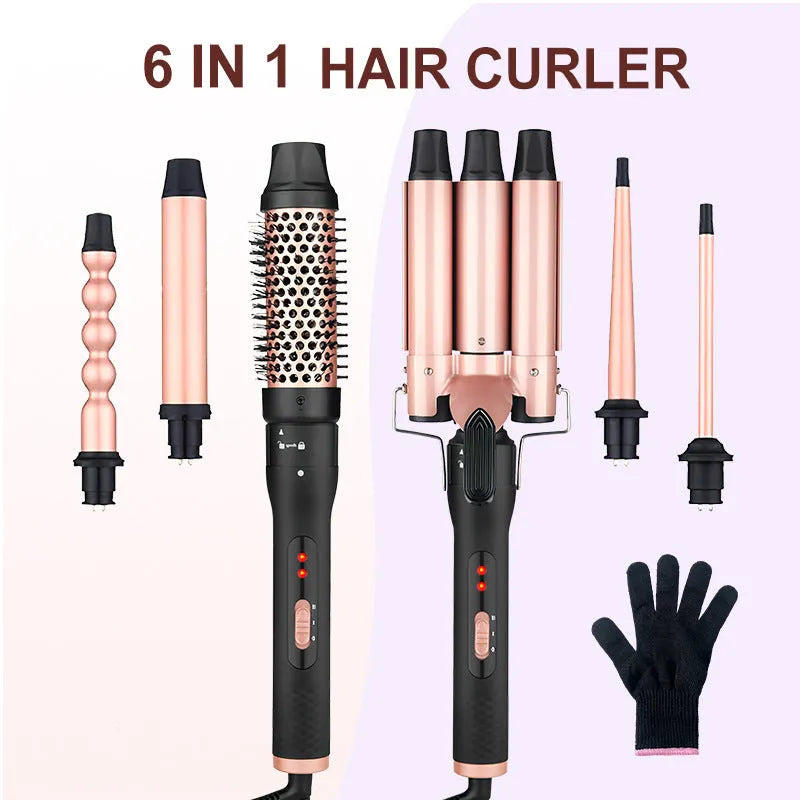 All-in-one three-barrel water wave hair curler and straightener with power cord.