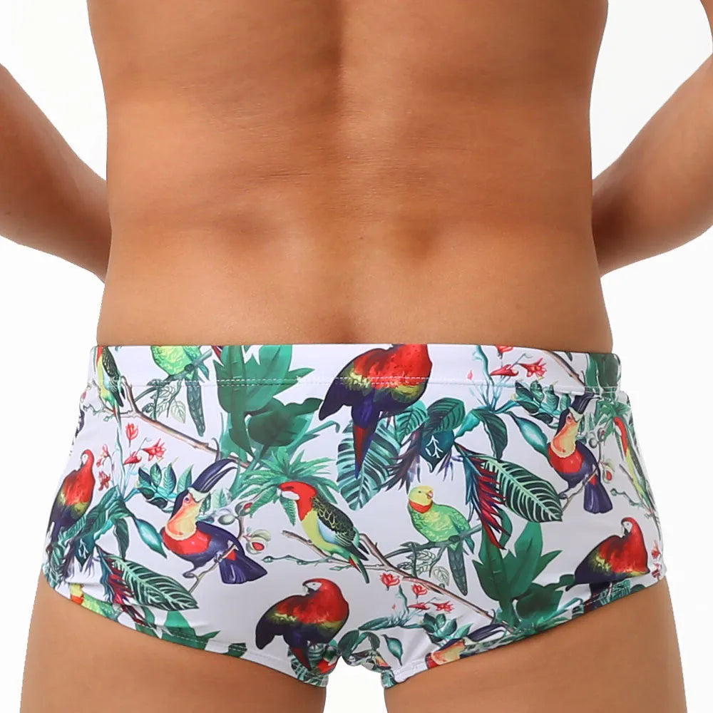 Men's floral bird print swimming trunks in nylon boxer brief style on size chart