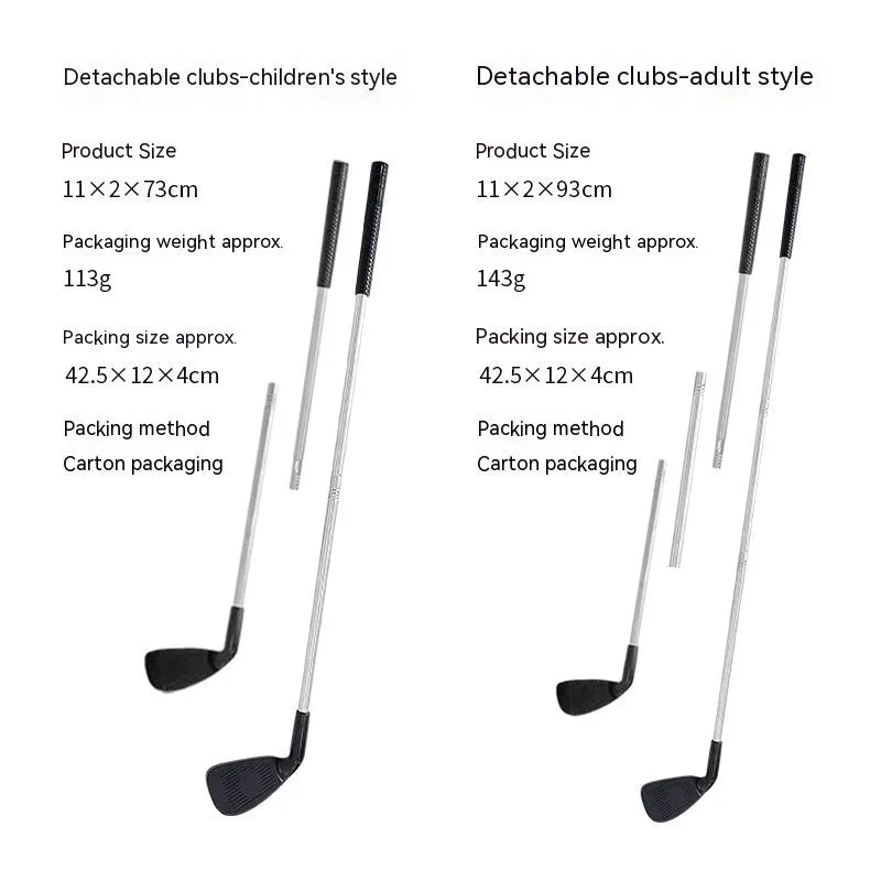 Metal golf club set showing adult and child sizes for outdoor training