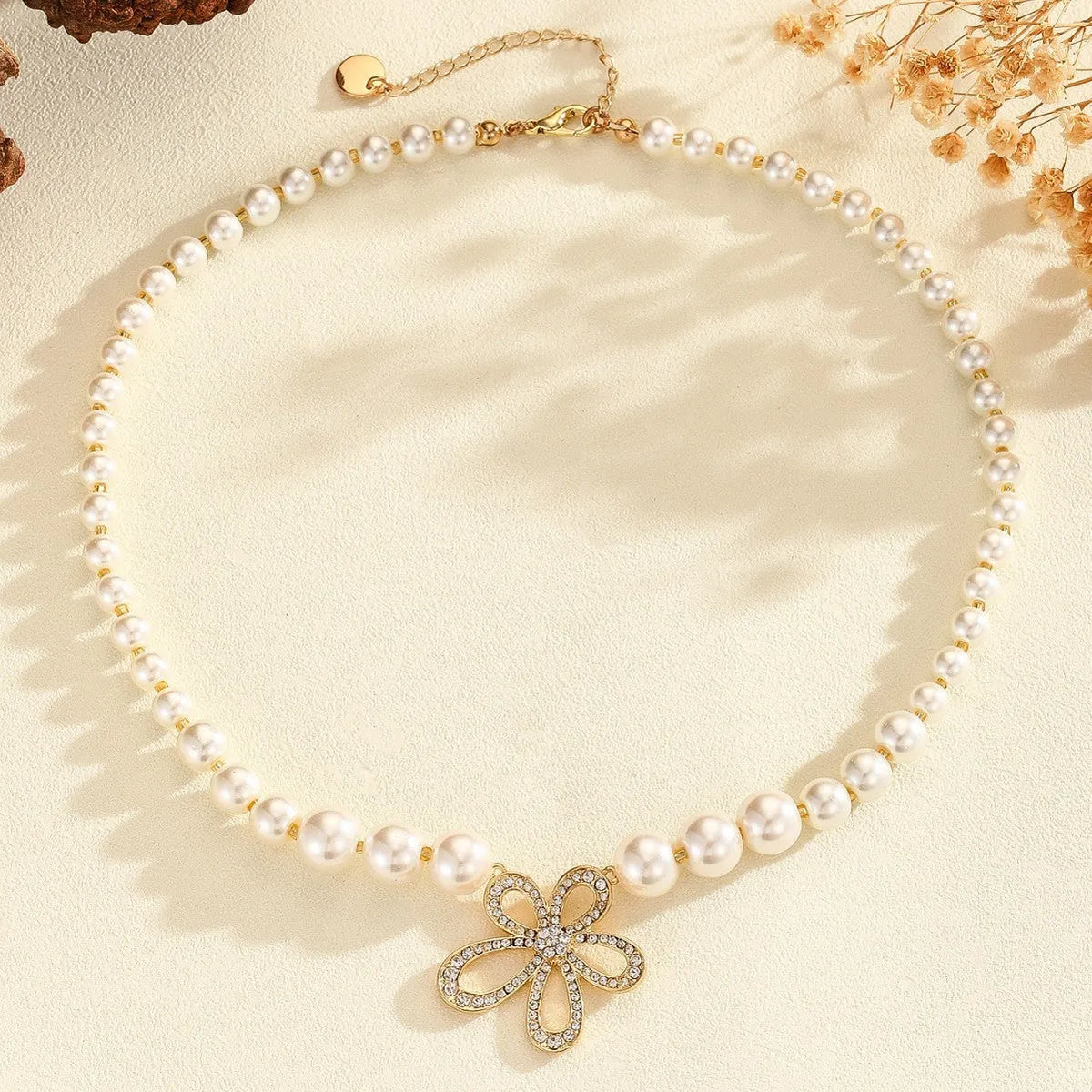 French romantic flower necklace with white fabric rose and gold-tone 42cm adjustable chain