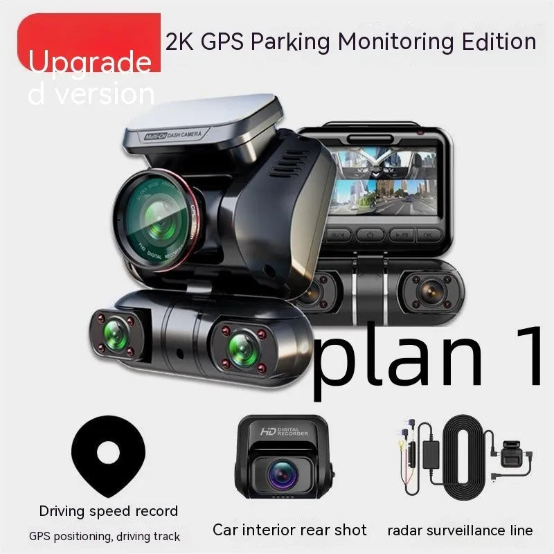 Black four-lens car dashboard camera with a 2-inch screen and compact plastic housing.