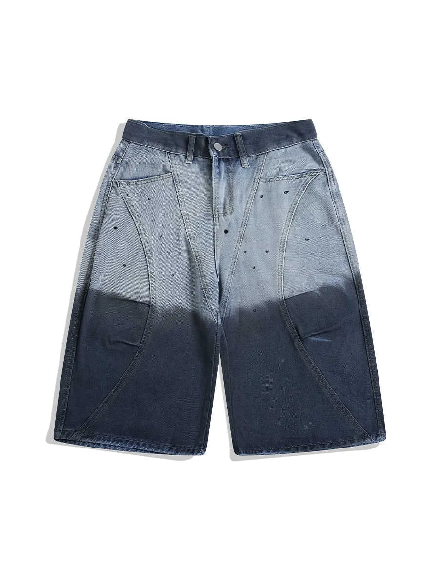 Blue tie-dye gradient cropped jeans with washed-out appearance and loose fit