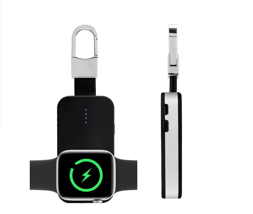 Black Apple Watch wireless power bank charger with keychain attachment showing dimensions