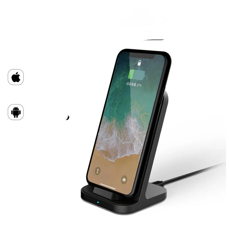 Dark grey vertical wireless charging stand for Apple iPhone on desk