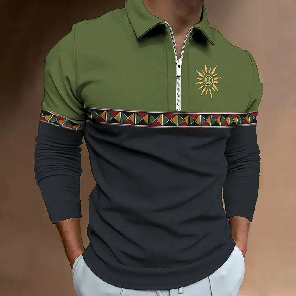 Man wearing a long sleeve retro stripe print golf top with zip details on a loose fit.