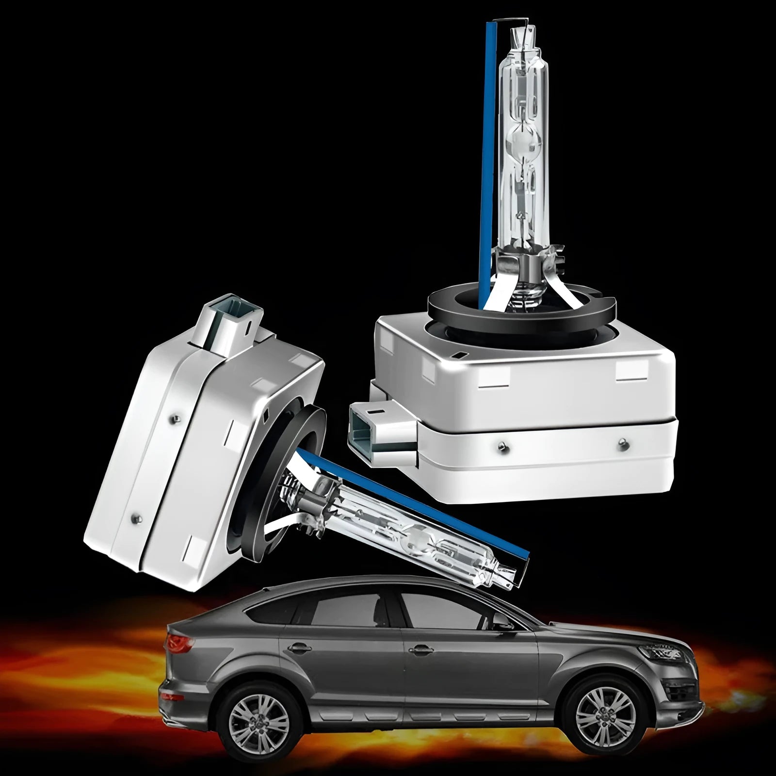 Xenon automotive lens lamp with aluminium alloy shell showing D1S/D1R compatibility and colour temperature options