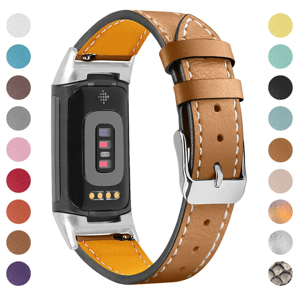Genuine leather strap for Fitbit Charge 5 and Charge 6 smartwatch in apricot colour.