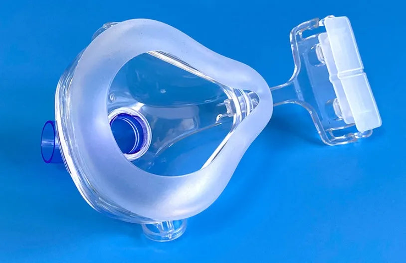 Transparent silicone CPAP breathing mask ventilator accessory with headband and elbow adapters