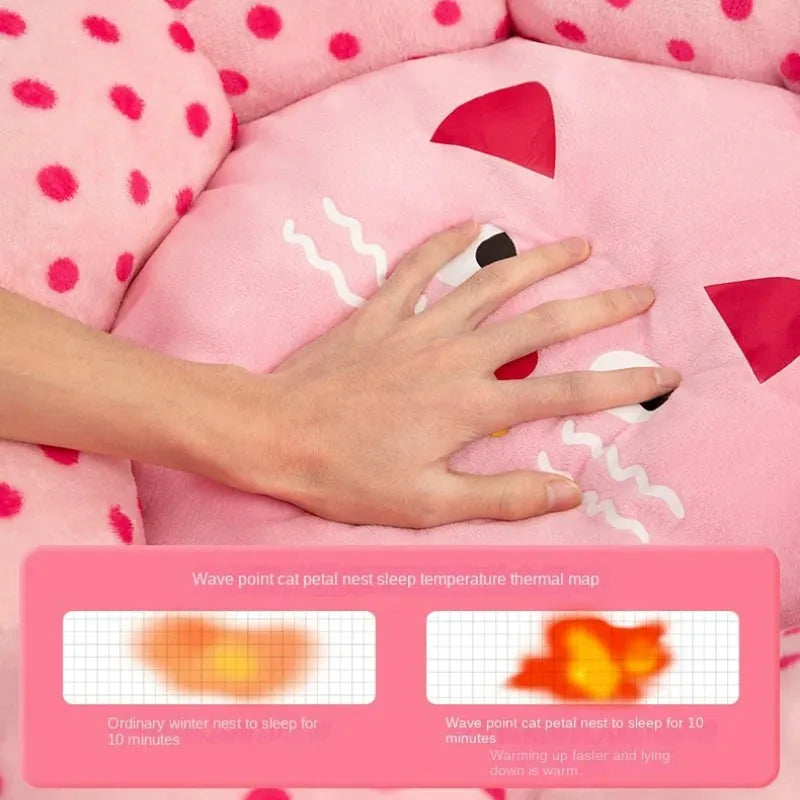 Pink dot fabric cat bed cushion shown in two size options for pets up to 20 pounds