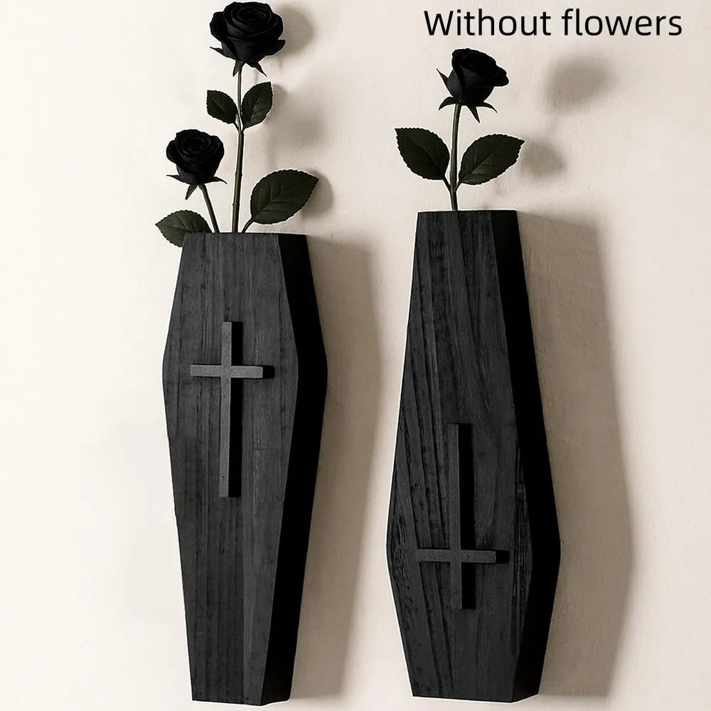 Wooden cross-shaped wall shelf with small vase holders in black, brown, or white wash finish.