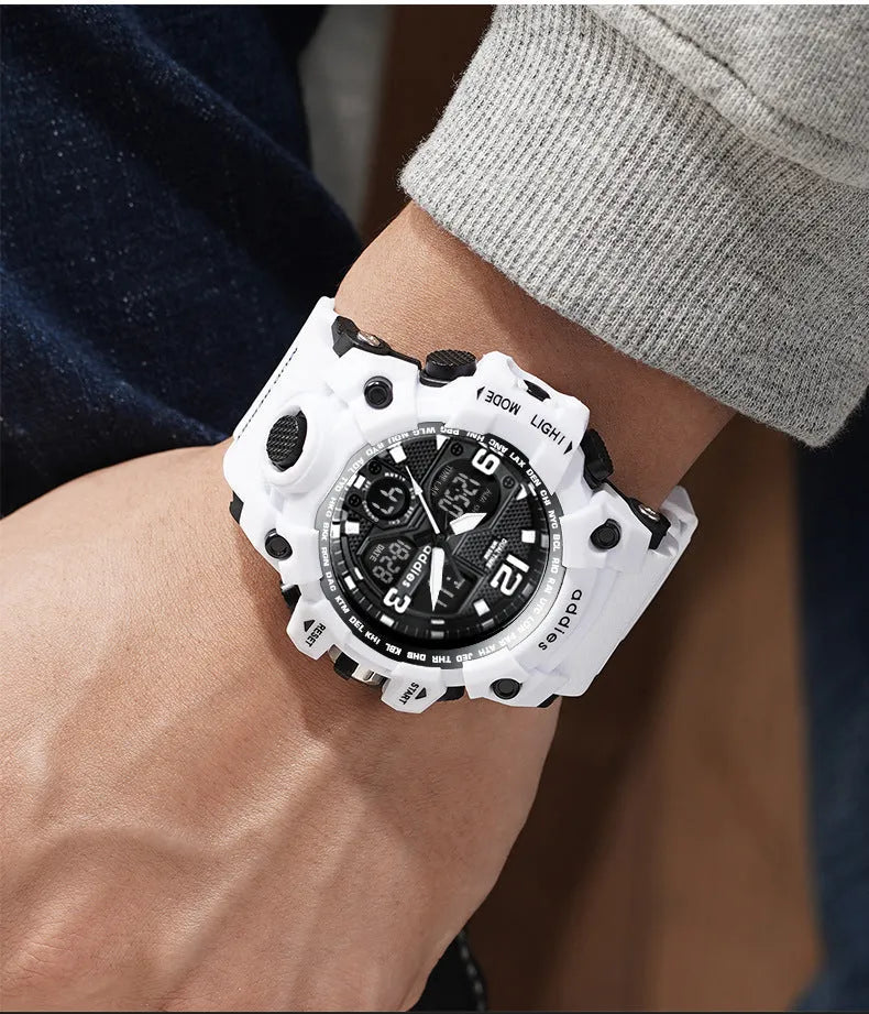 Men's electronic sports watch with dual analogue and digital display, plastic case and strap, water resistant to 50 metres