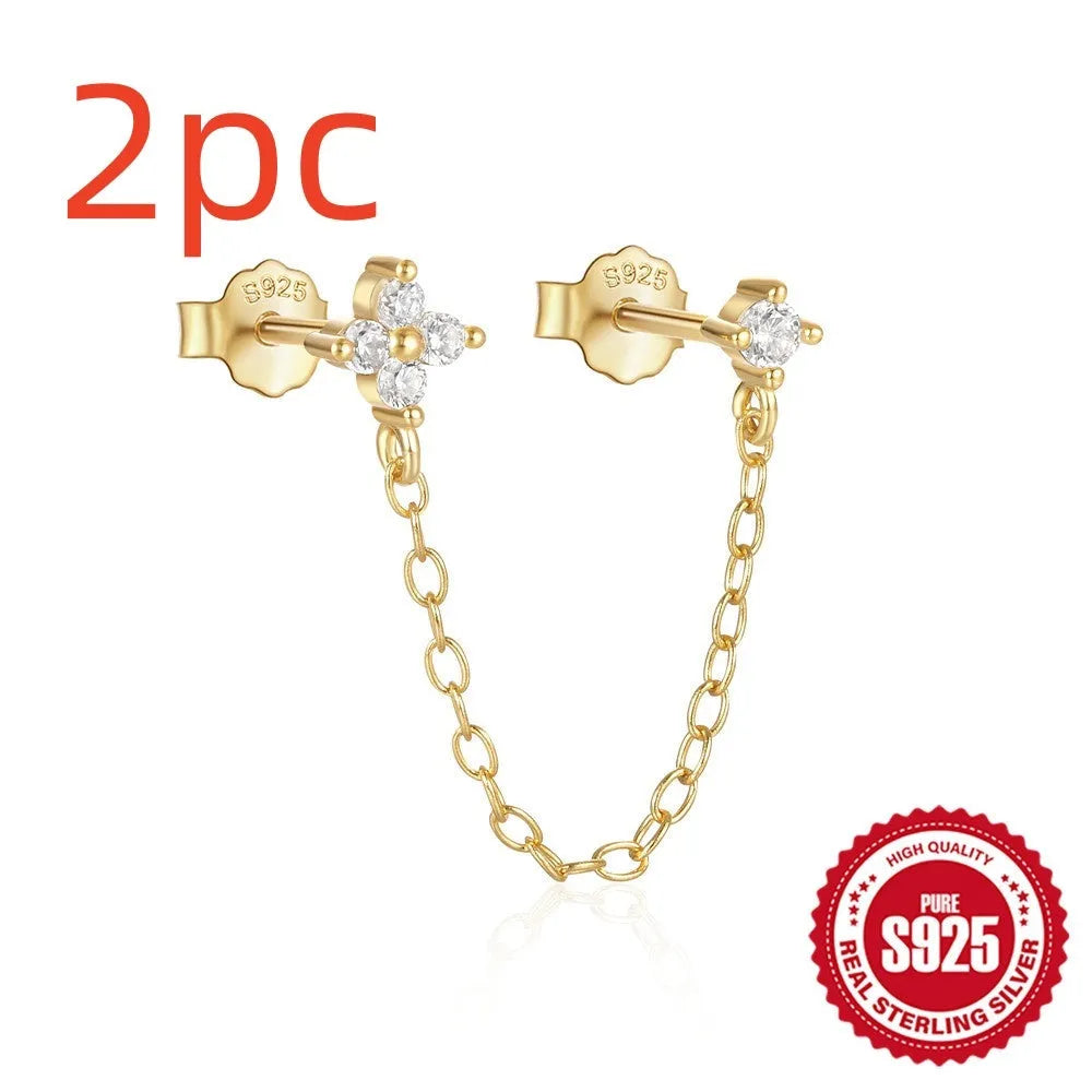 S925 sterling silver geometric flower tassel chain clip stud earrings with a gold electroplated finish.