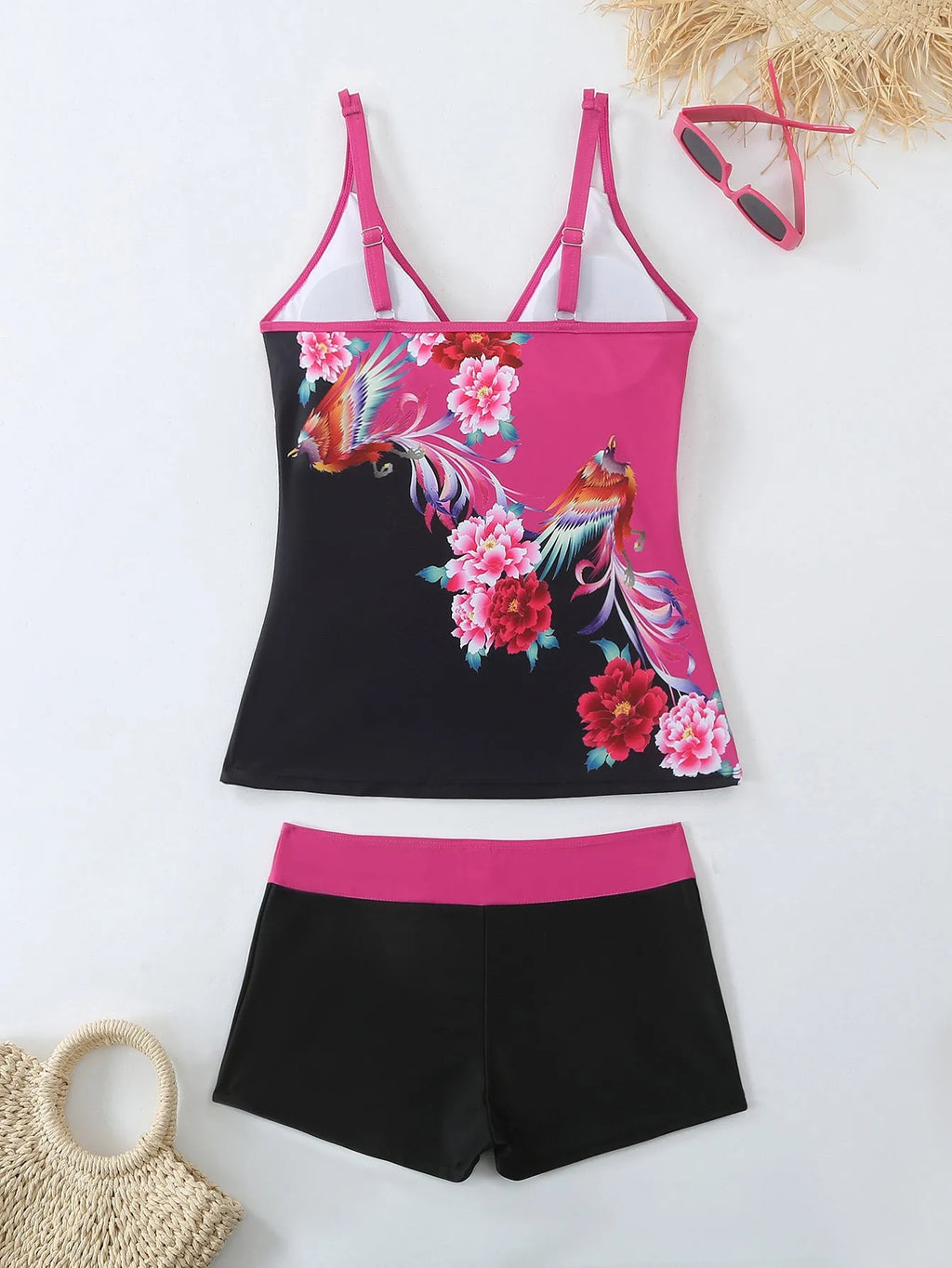 Plus size women's printed two-piece swimsuit set in Black or Rose Red with briefs style.