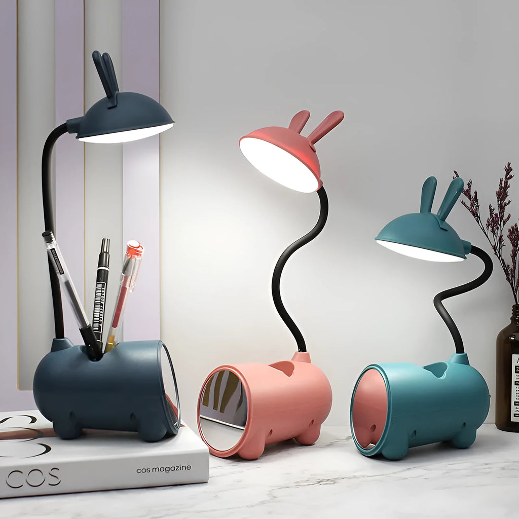 Cartoon desktop pen container table lamp with USB power supply in green, dark blue, or pink colour options