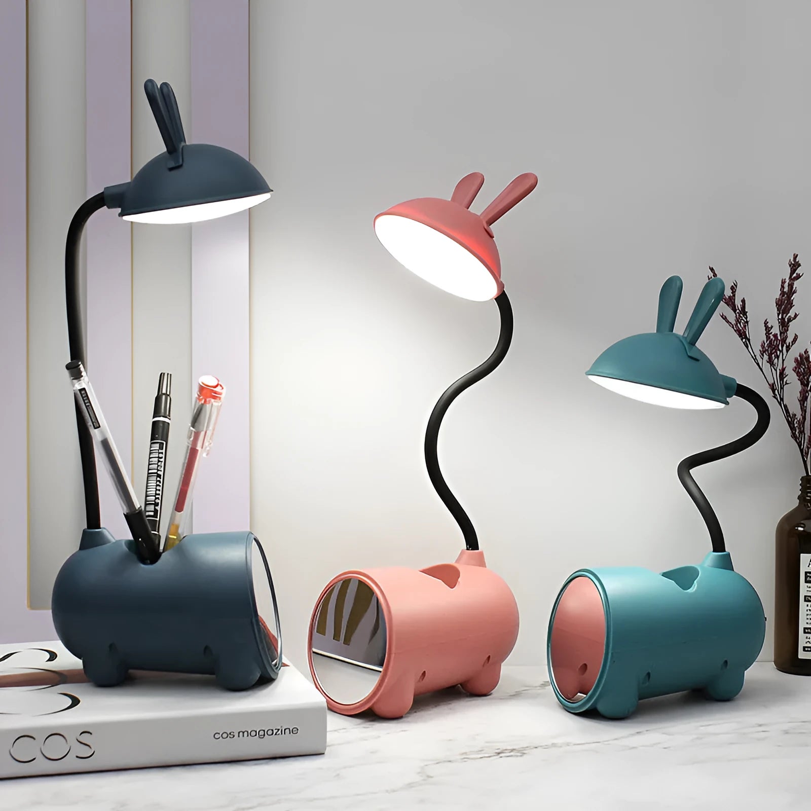 Cartoon desktop pen container table lamp with USB power supply in green, dark blue, or pink colour options