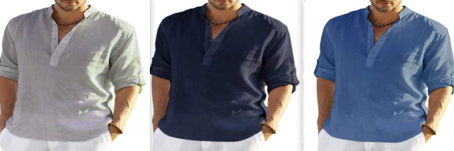 Men's solid colour long sleeve shirt with a stand collar, shown in a light blue colour option.