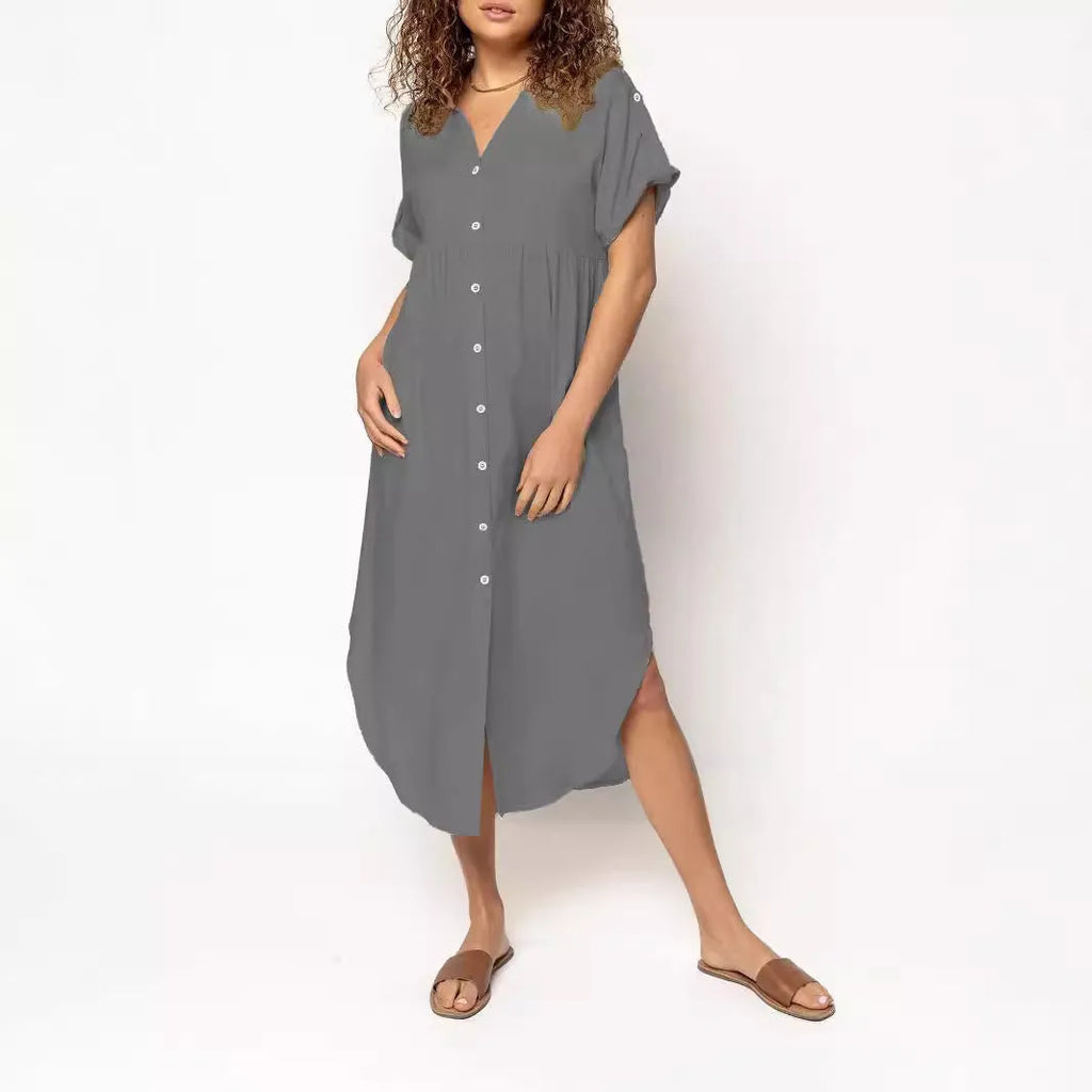 Women's loose mid-length casual dress with button front in solid colour options