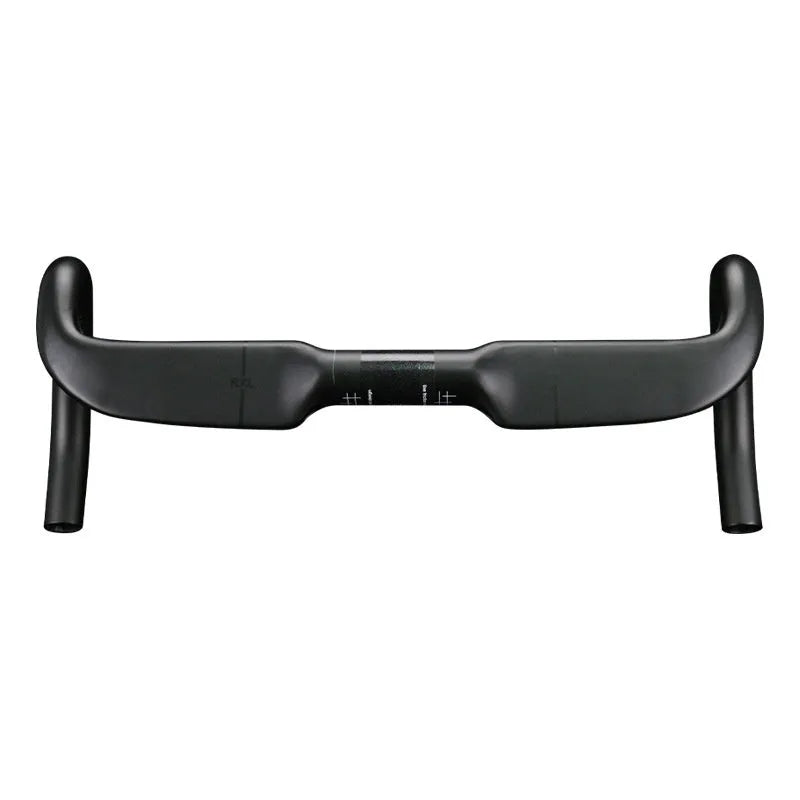 Red carbon fibre road bicycle handlebar with double line graphics, shown from above.