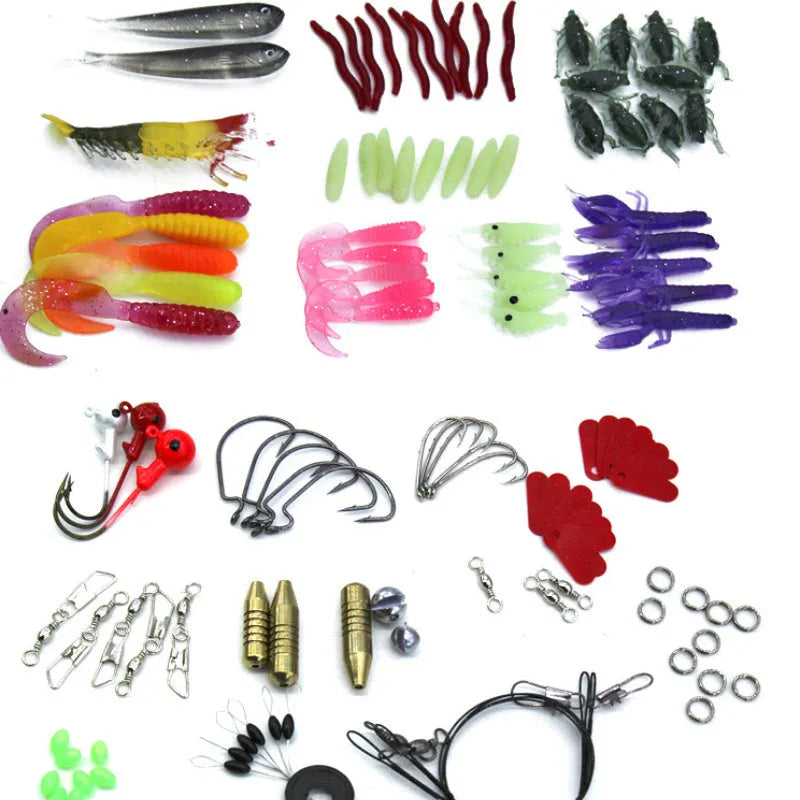 132-piece fishing lure set with soft baits and hooks in rose red treasure colour